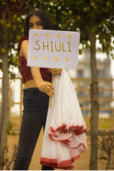 Shiuli – Handloom Cotton White Red Saree