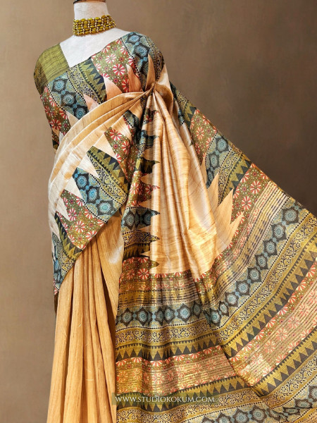 Dhriti : Beige color tussar silk saree with Kalamkari Border (With Blouse)