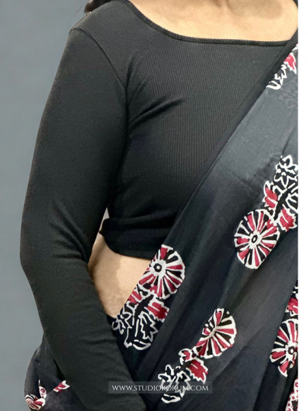 Full Sleeves Stretchable Back Strings Blouse in Black Colour