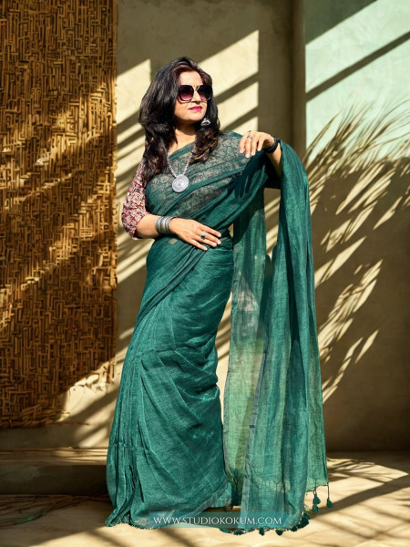 Anayaa: Green Handwoven Linen Saree