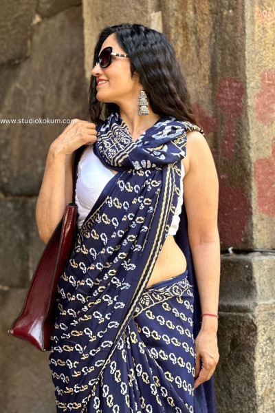 Image of Tamanna : Indigo Colour Block Print Modal Silk Saree