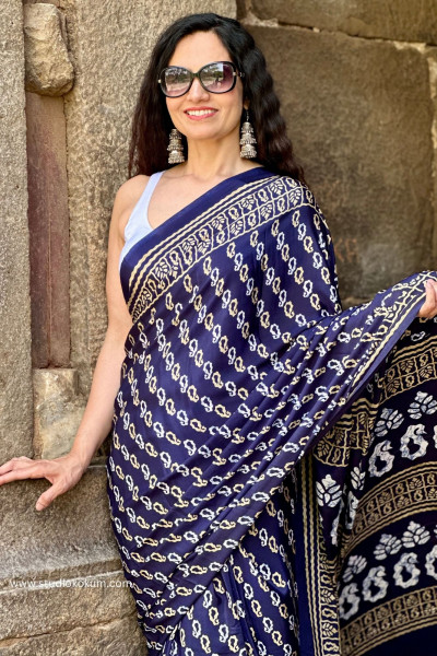 Tamanna : Indigo Colour Block Print Modal Silk Saree