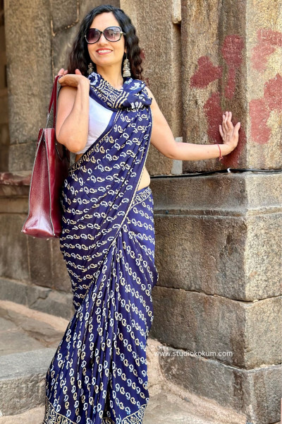 Tamanna : Indigo Colour Block Print Modal Silk Saree