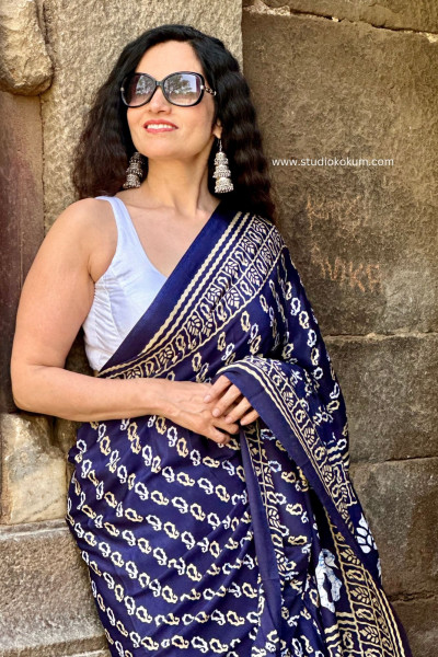 Tamanna : Indigo Colour Block Print Modal Silk Saree