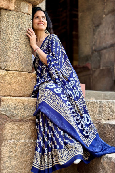 Tamanna : Indigo Colour Block Print Modal Silk Saree