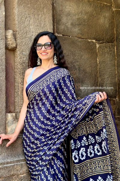 Tamanna : Indigo Colour Block Print Modal Silk Saree