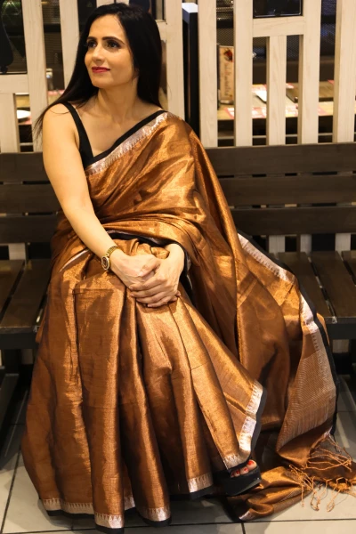 Image of Urja - Copper Brown Mul Tissue Saree with Zari Work
