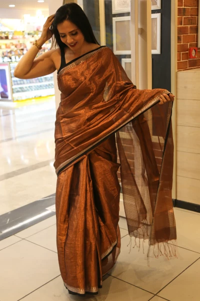 Urja - Copper Brown Mul Tissue Saree with Zari Work