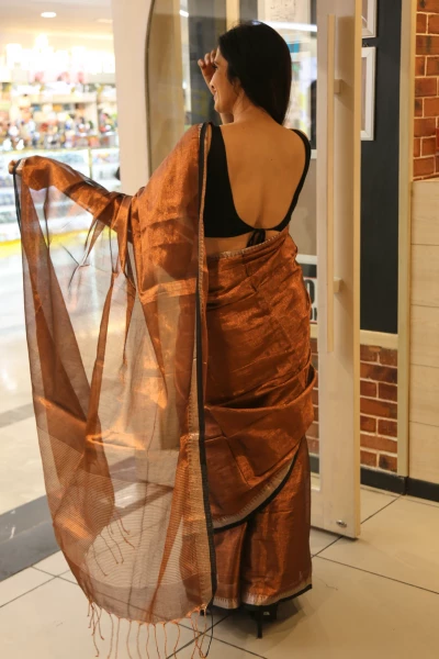 Urja - Copper Brown Mul Tissue Saree with Zari Work