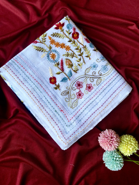 Image of Pure White Premium Tussar Silk Multi Embroidered Saree