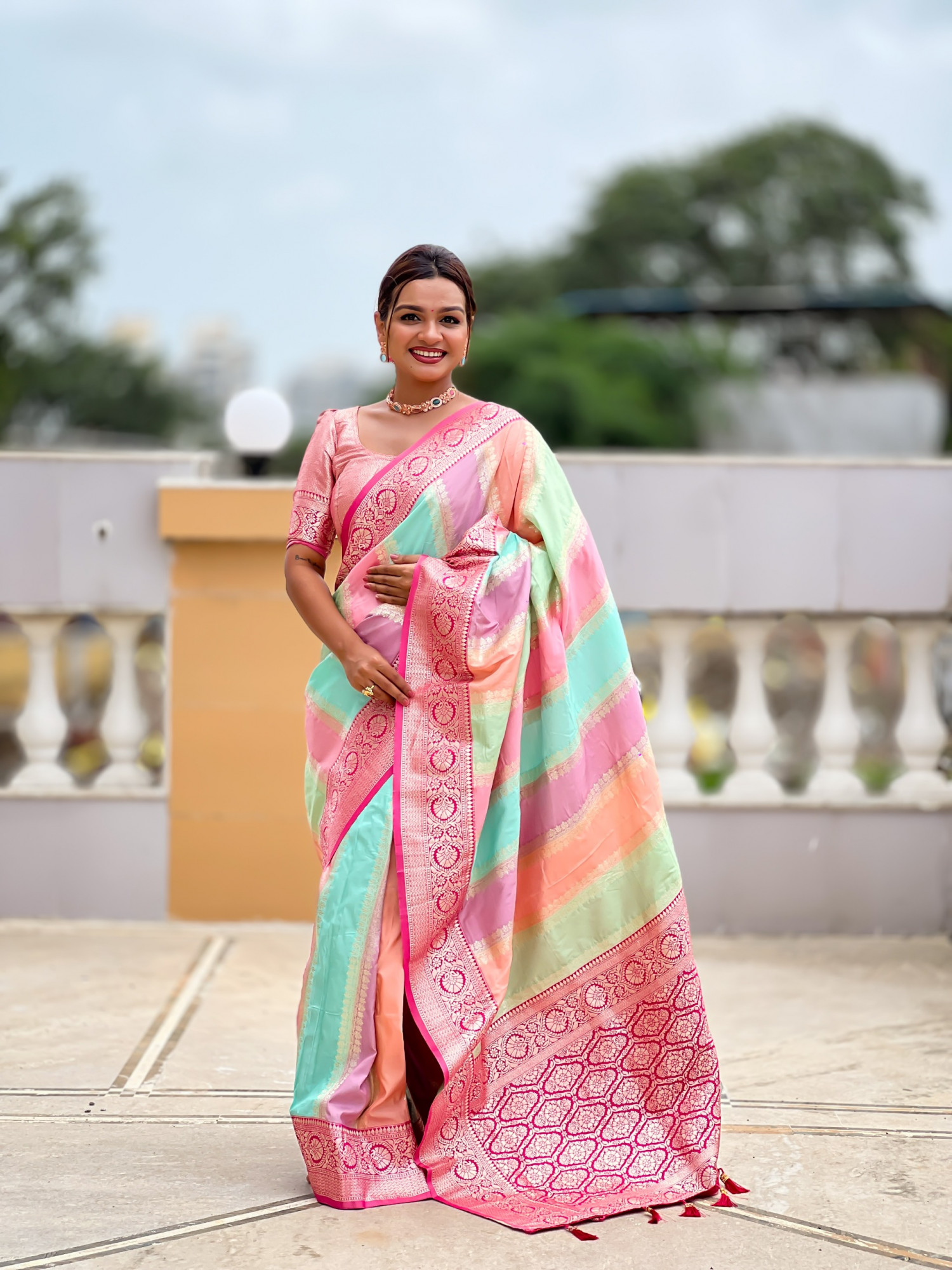 Multicolor Pure Banarasi Silk Rich Zari Weaved Pallu Raani Border Saree