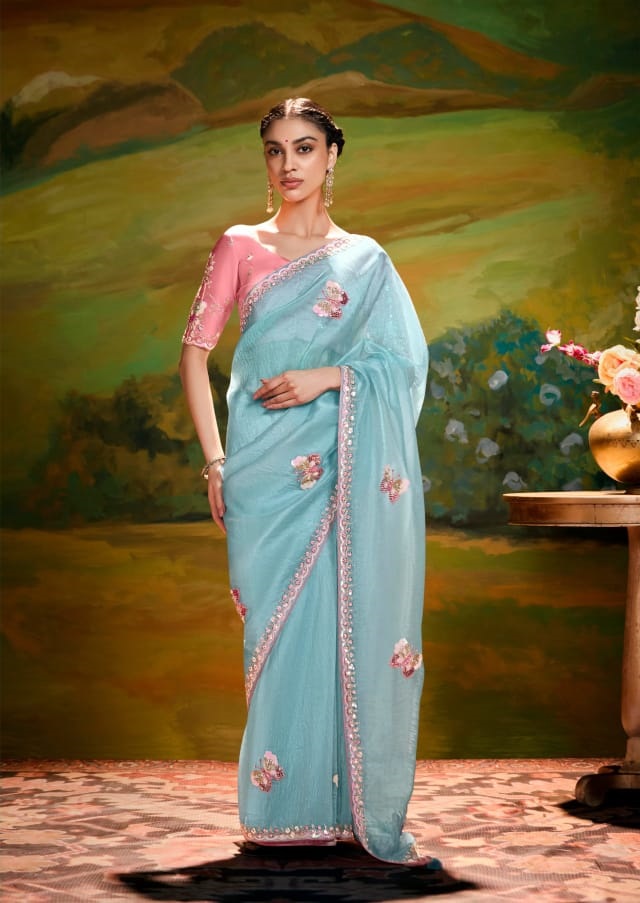 Sky Blue Pure Tissue Organza Embroidered Sequence Worked Saree