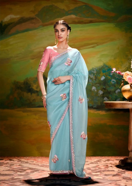 Image of Sky Blue Pure Tissue Organza Embroidered Sequence Worked Saree