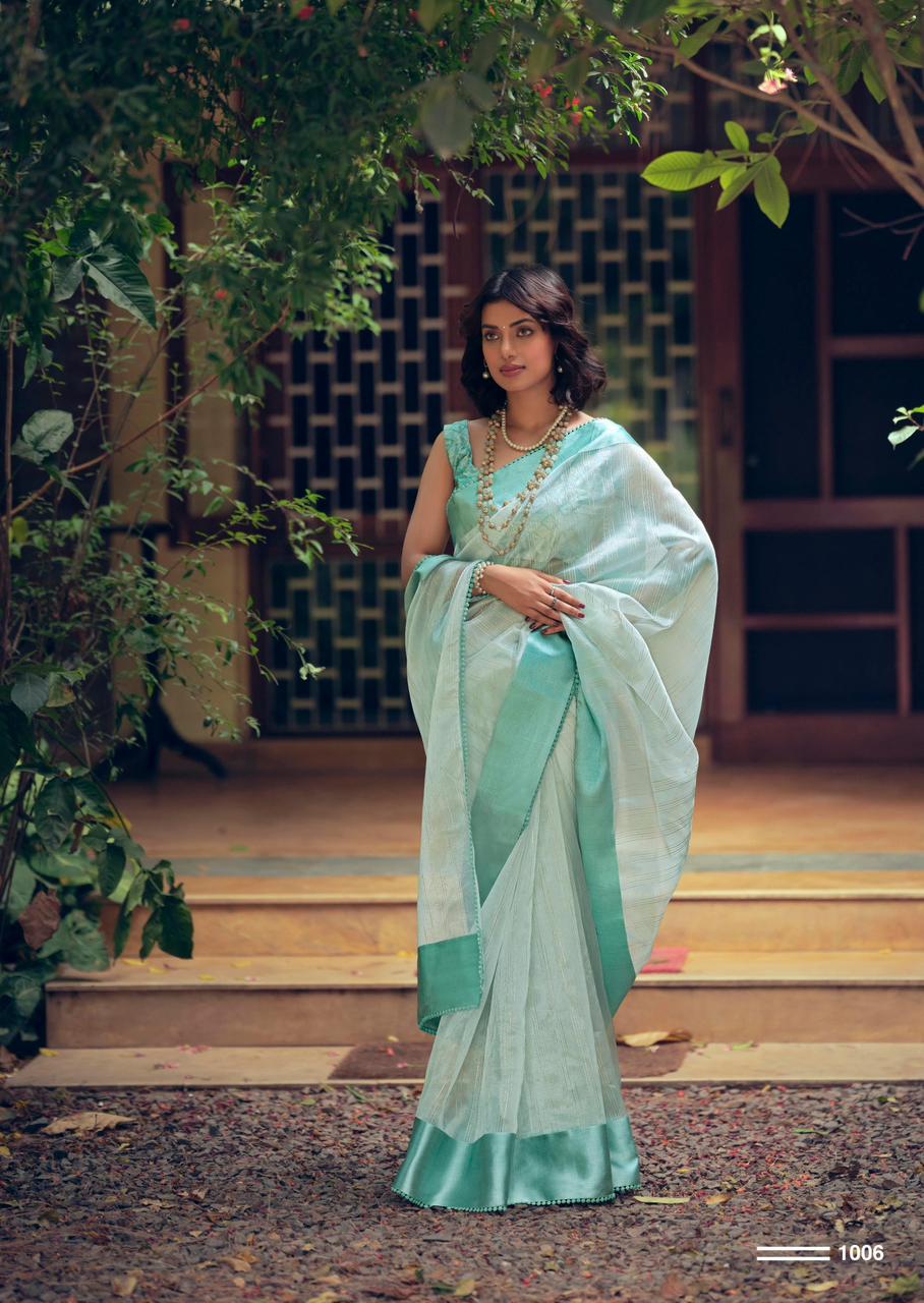 Pure Organza Silk All Over Zari Check Weaved With Satin Border Saree