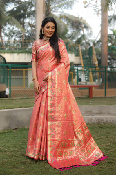 Image of Peach Premium Organza Silk Ikkat Patola Weaved Saree