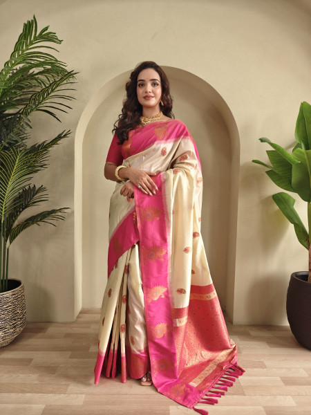 Image of Off-White Banarasi Silk All Over Zari Weaved Body Motifs Border Rich Pallu Saree