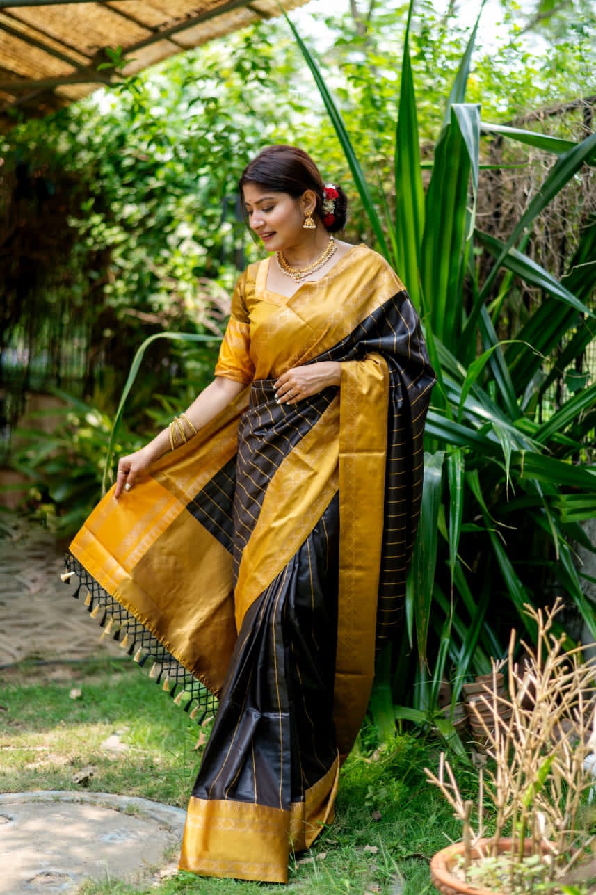 Banarasi Silk All Over Zari Lining With Temple Border Weaved Saree