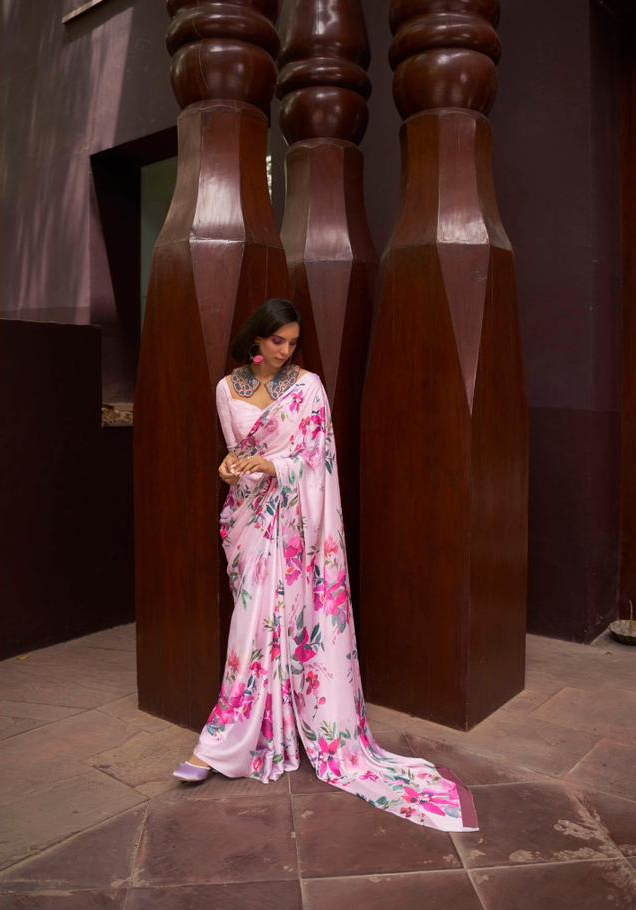 Pure Satin Crepe Digital Printed All Over With Fancy Blouse Saree