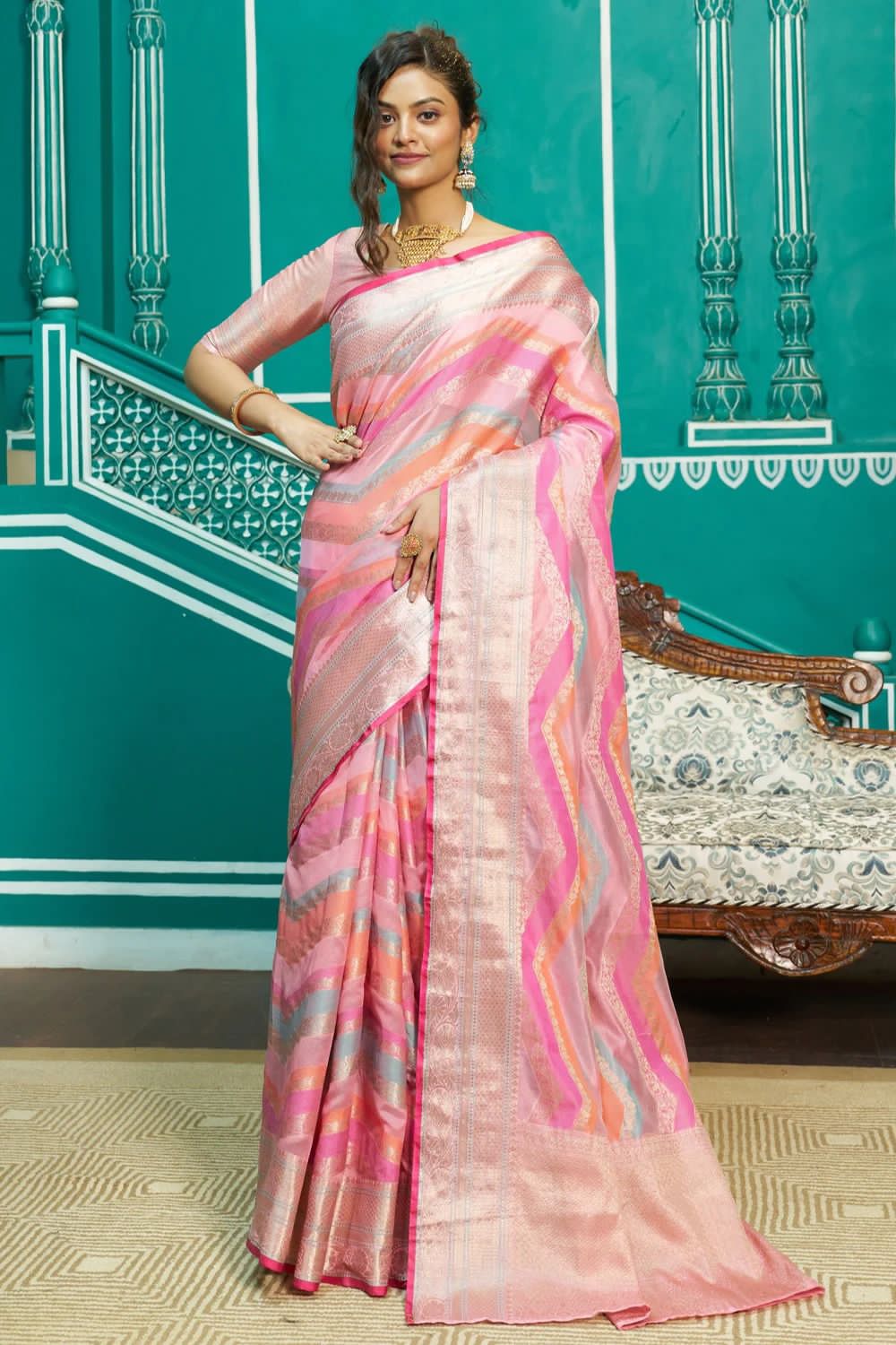 Pure Organza Silk Multi Color Lehariya Zari Weaved Pallu Saree