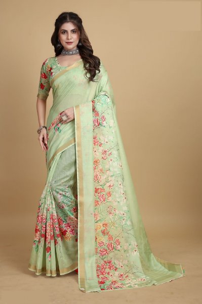 Image of Pure Linen Digital Floral Printed With Tiny Zari Border Saree