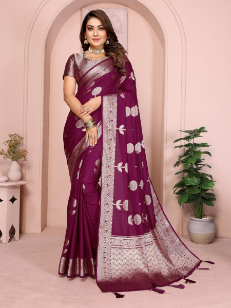 Image of Wine Banarasi Soft Georgette Silk Zari Weaved Rich Pallu Border Saree