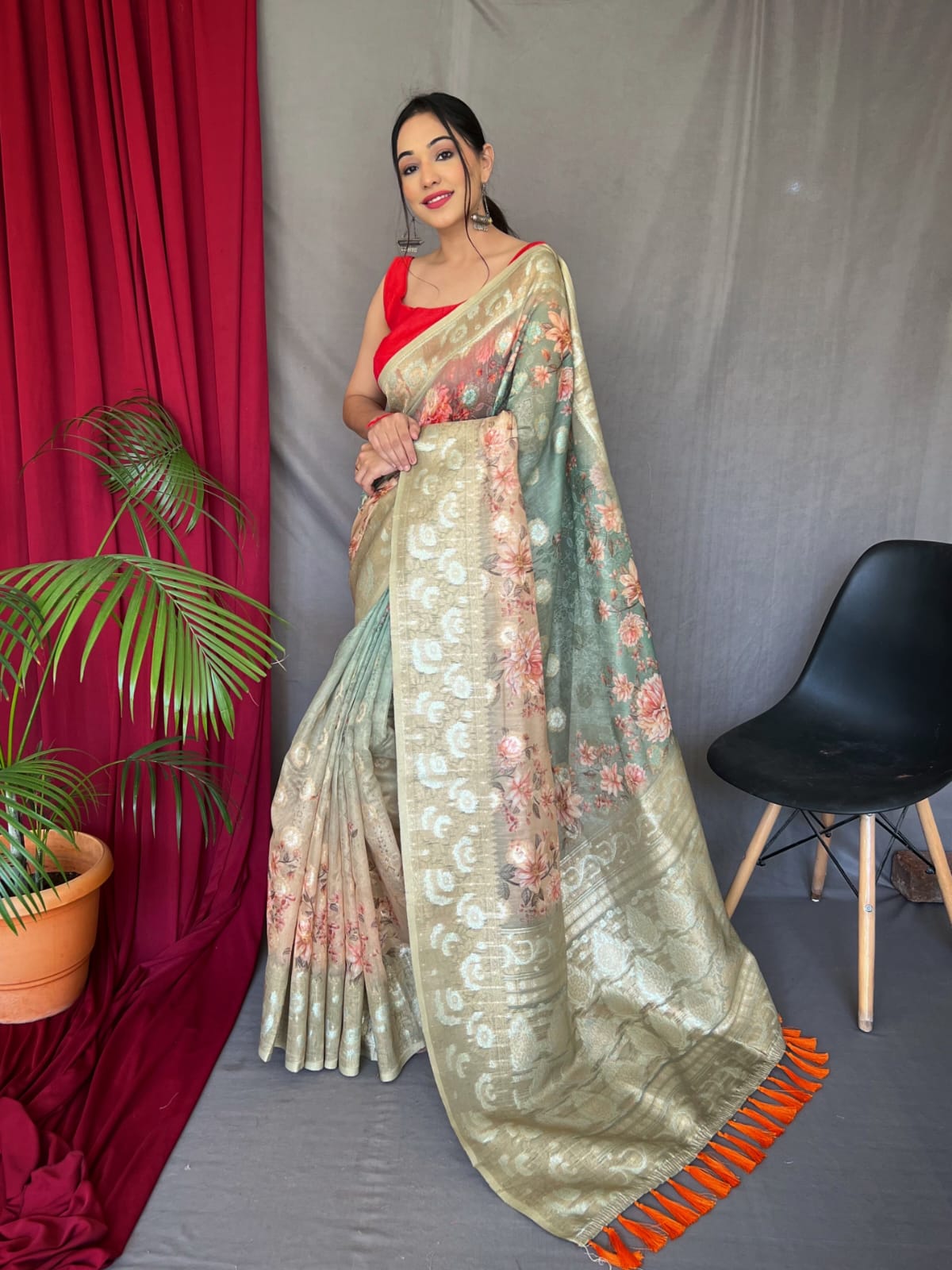 Pure Mushroom Silk Printed Silver Zari Weaved Saree
