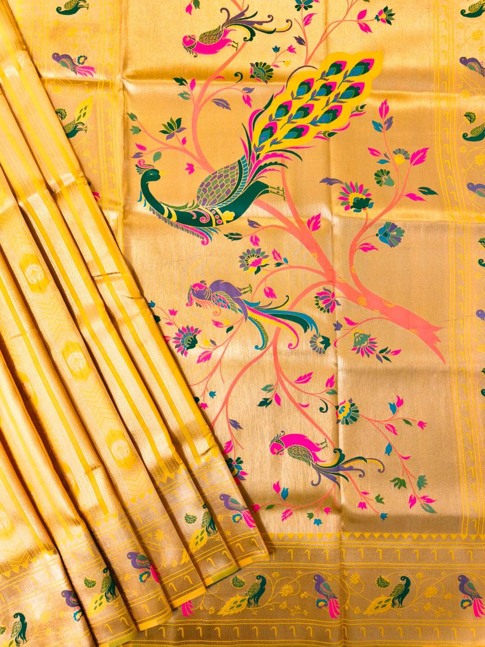 Gold Premium Soft Paithani Silk Rich Zari Meena Weaved Saree