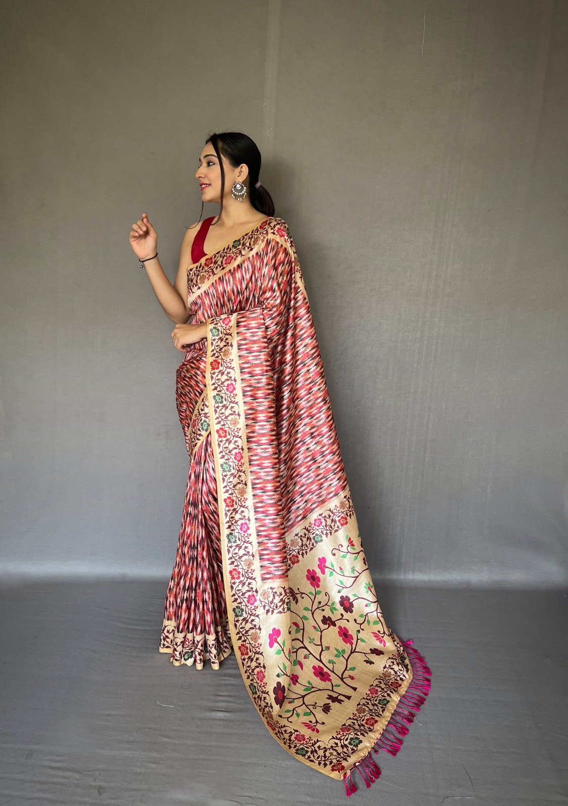 Soft Silk Paithani Style Printed All Over With Tassels On Pallu Saree