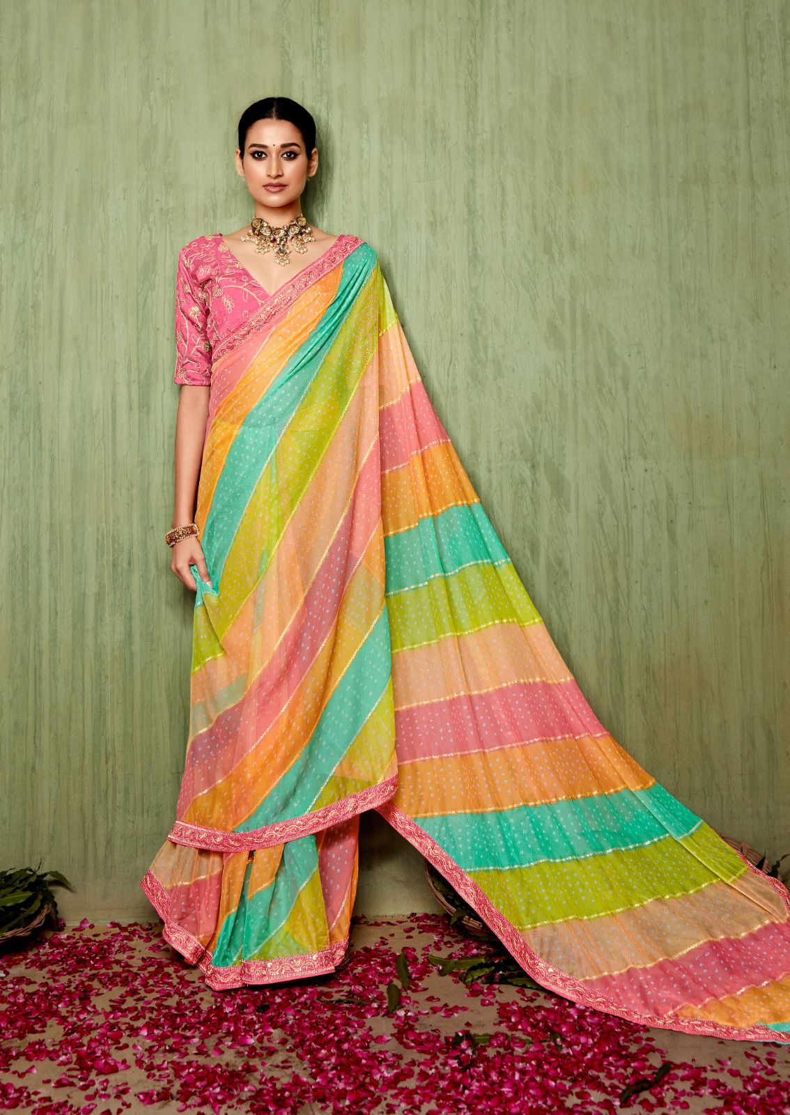Pure Chiffon Foil Print And Embroidery Sequence Border Saree
