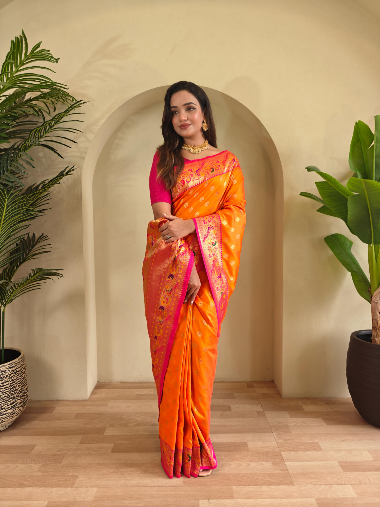 Orange Banarasi Paithani Silk Zari Meena Weaved Contrast Saree