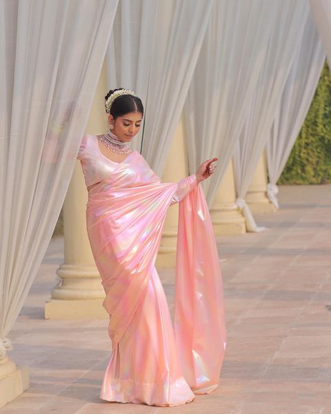 Lilac Chrome Satin Silk All Over Rainbow Shades Saree