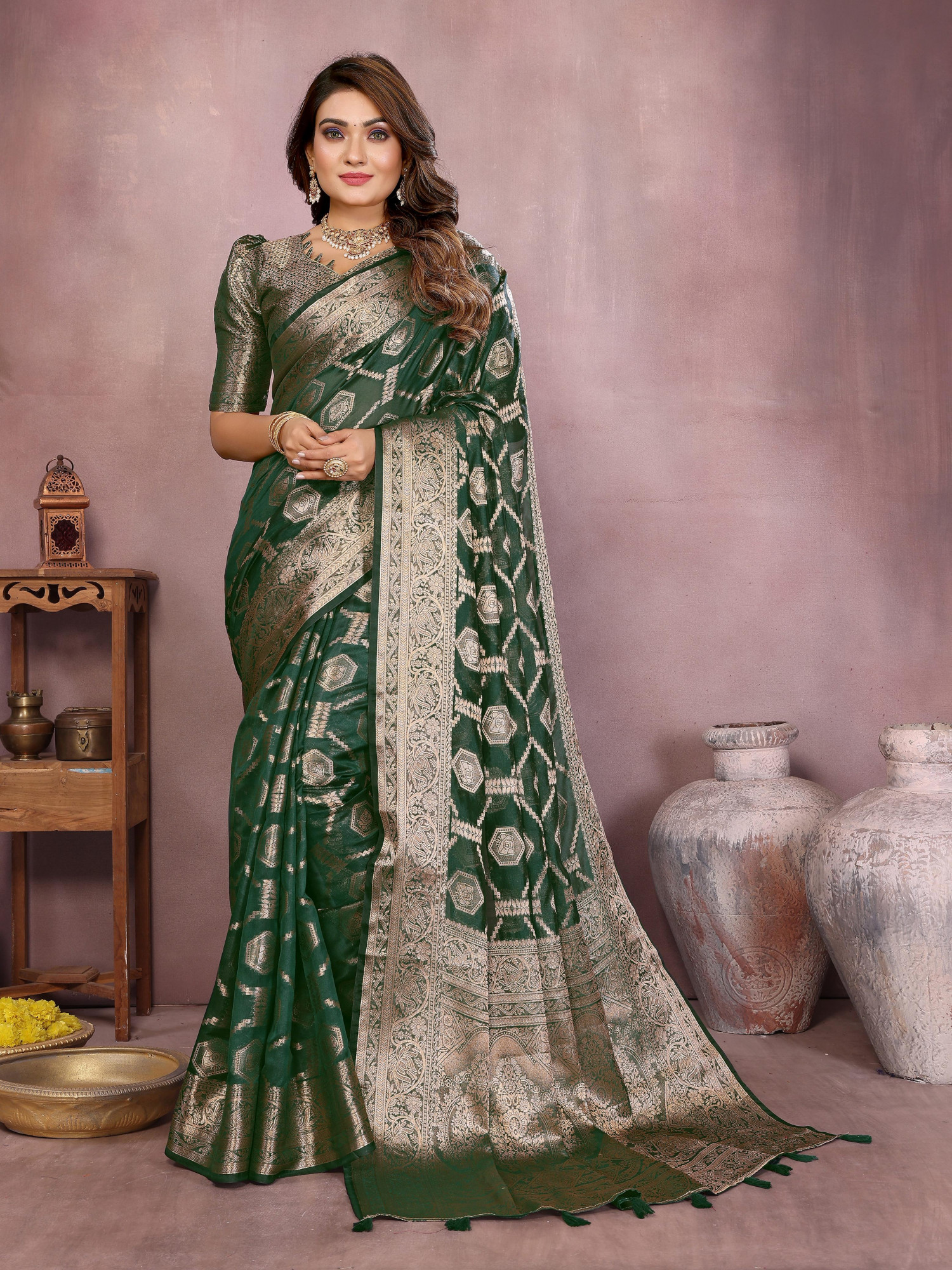 Dark Green Soft Organza Silk Rich Zari Weaved Body Pallu Border Saree