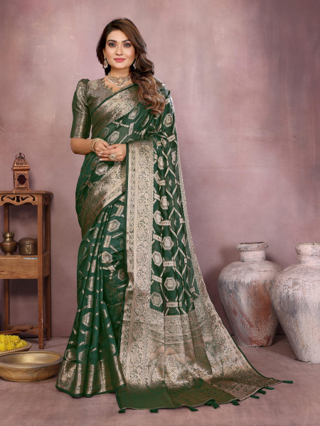 Image of Dark Green Soft Organza Silk Rich Zari Weaved Body Pallu Border Saree