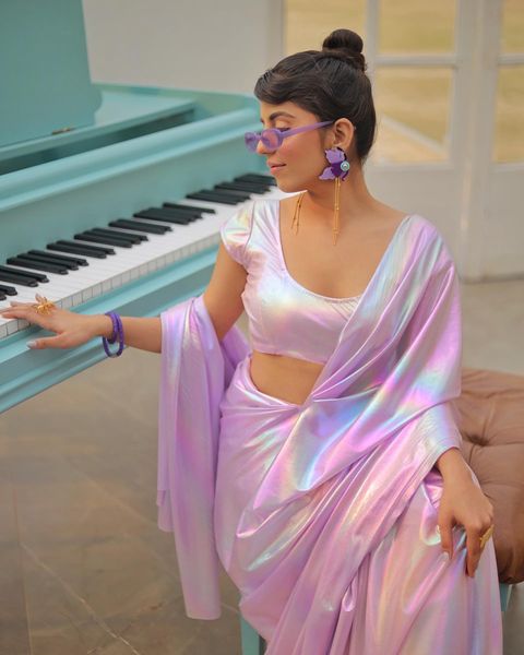 Lilac Chrome Satin Silk All Over Rainbow Shades Saree