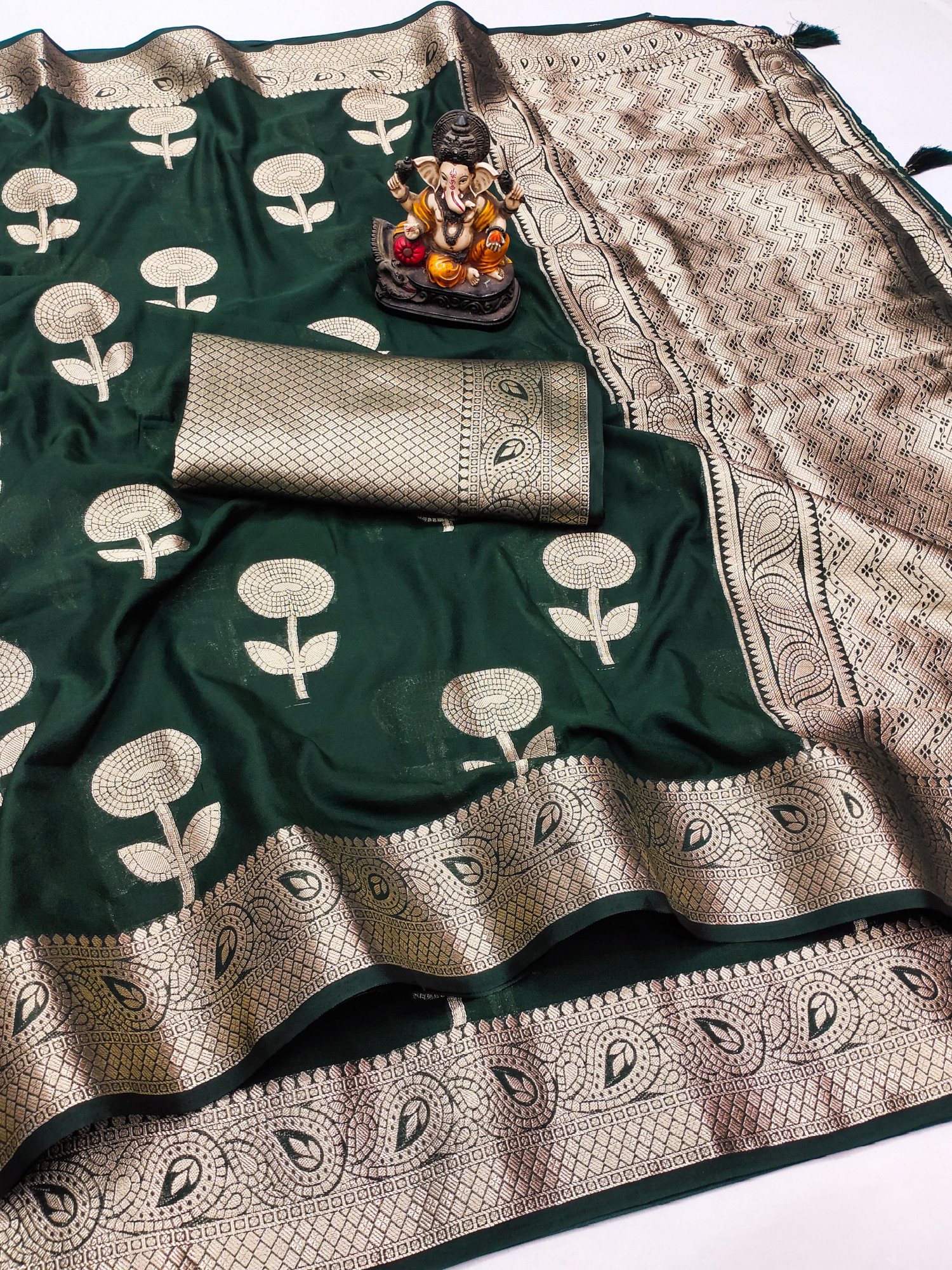 Dark Green Banarasi Soft Georgette Silk Zari Weaved Rich Pallu Border Saree