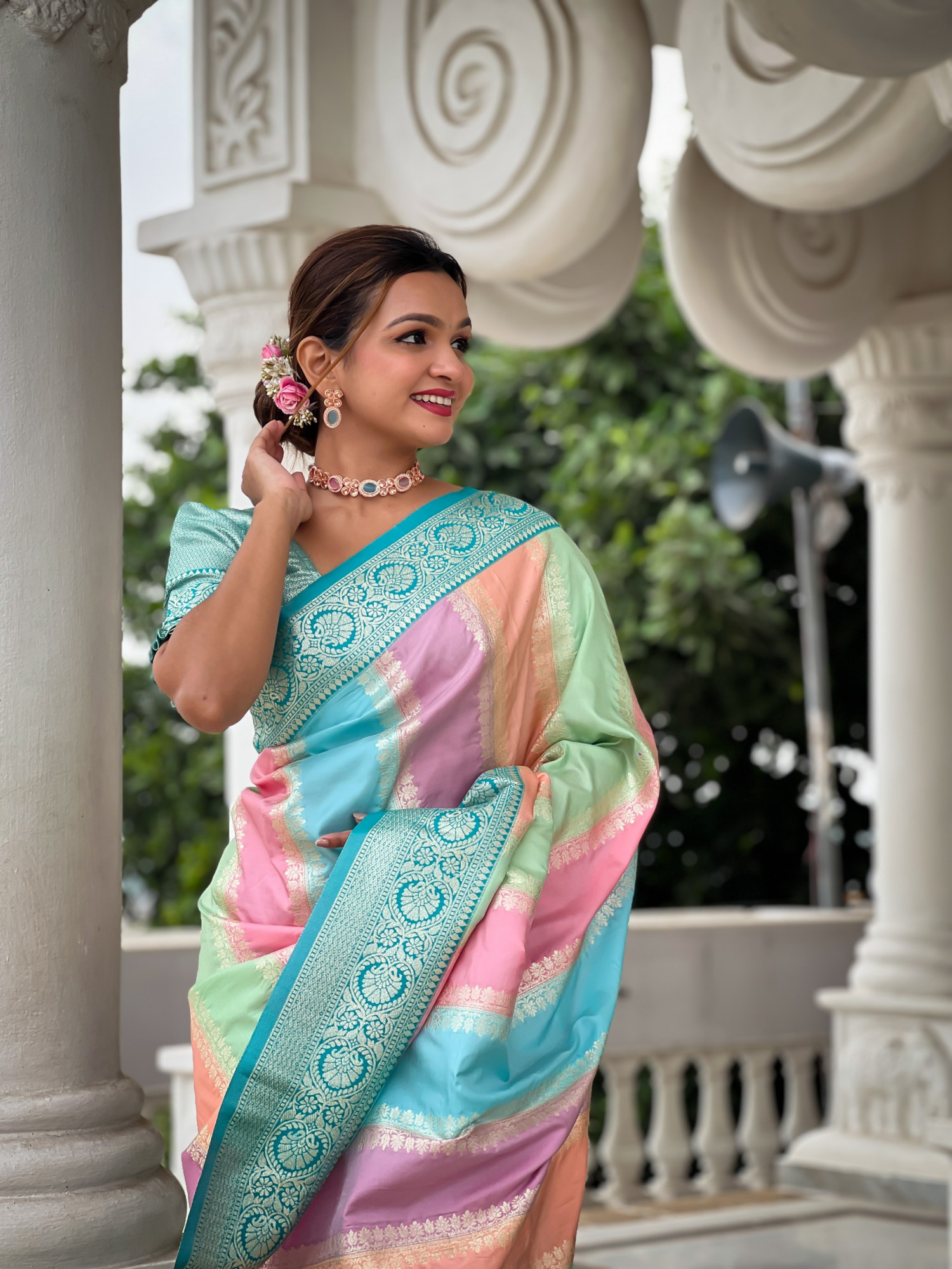 Multicolor Pure Banarasi Silk Rich Zari Weaved Pallu Sea Green Border Saree