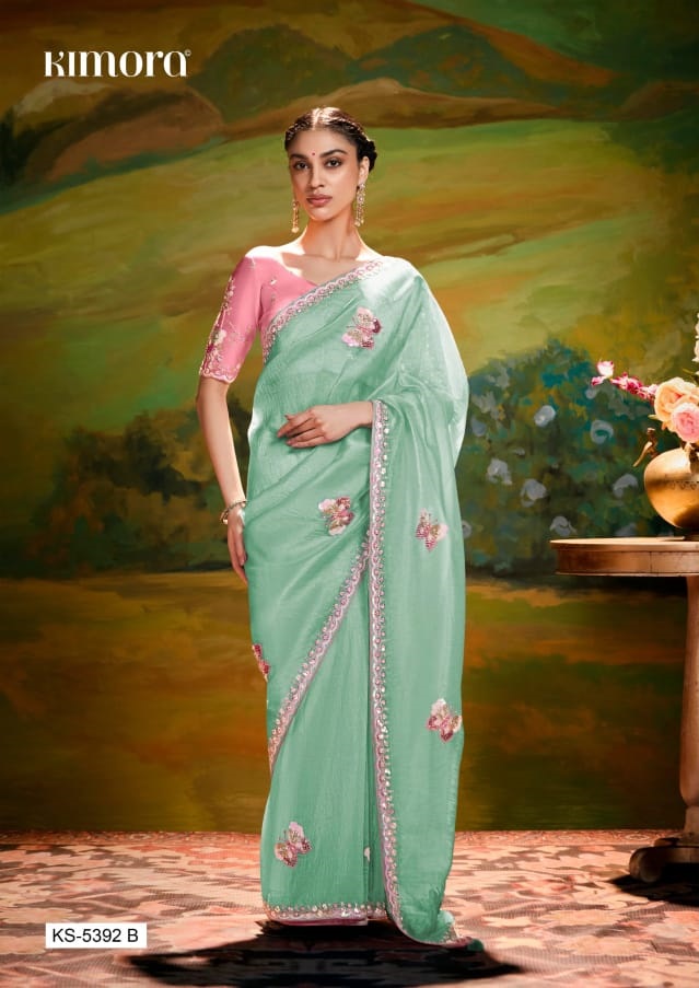 Sea Green Pure Tissue Organza Embroidered Sequence Worked Saree