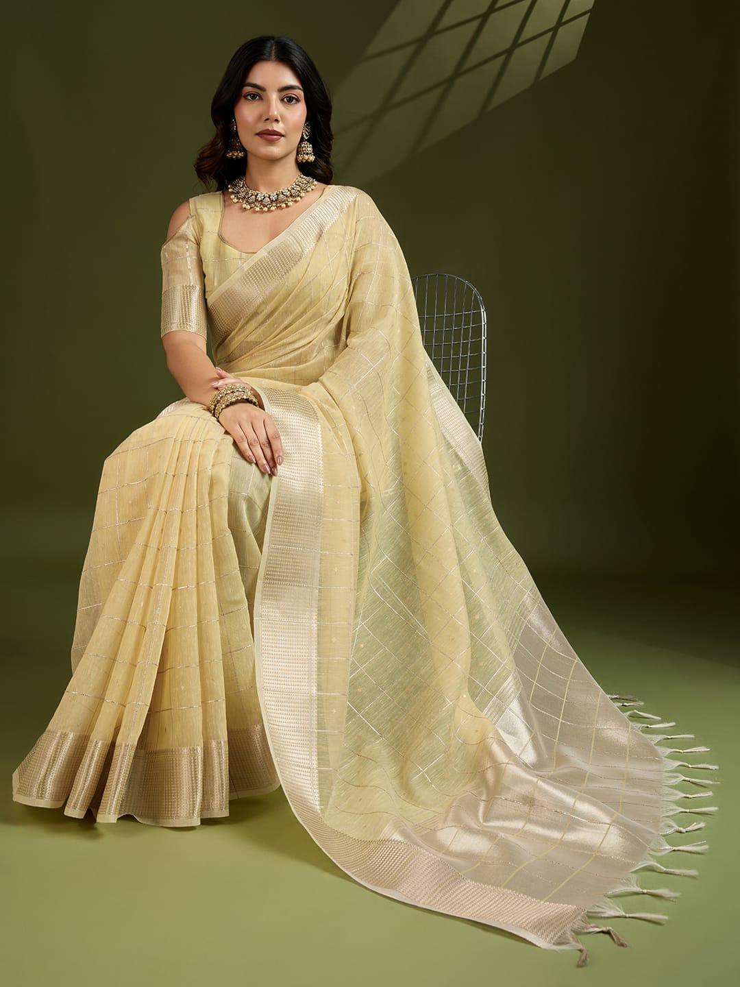 Light Lemon Pure Linen Tissue Silk Check Weaved Body Rich Zari Weaved Pallu Border Saree