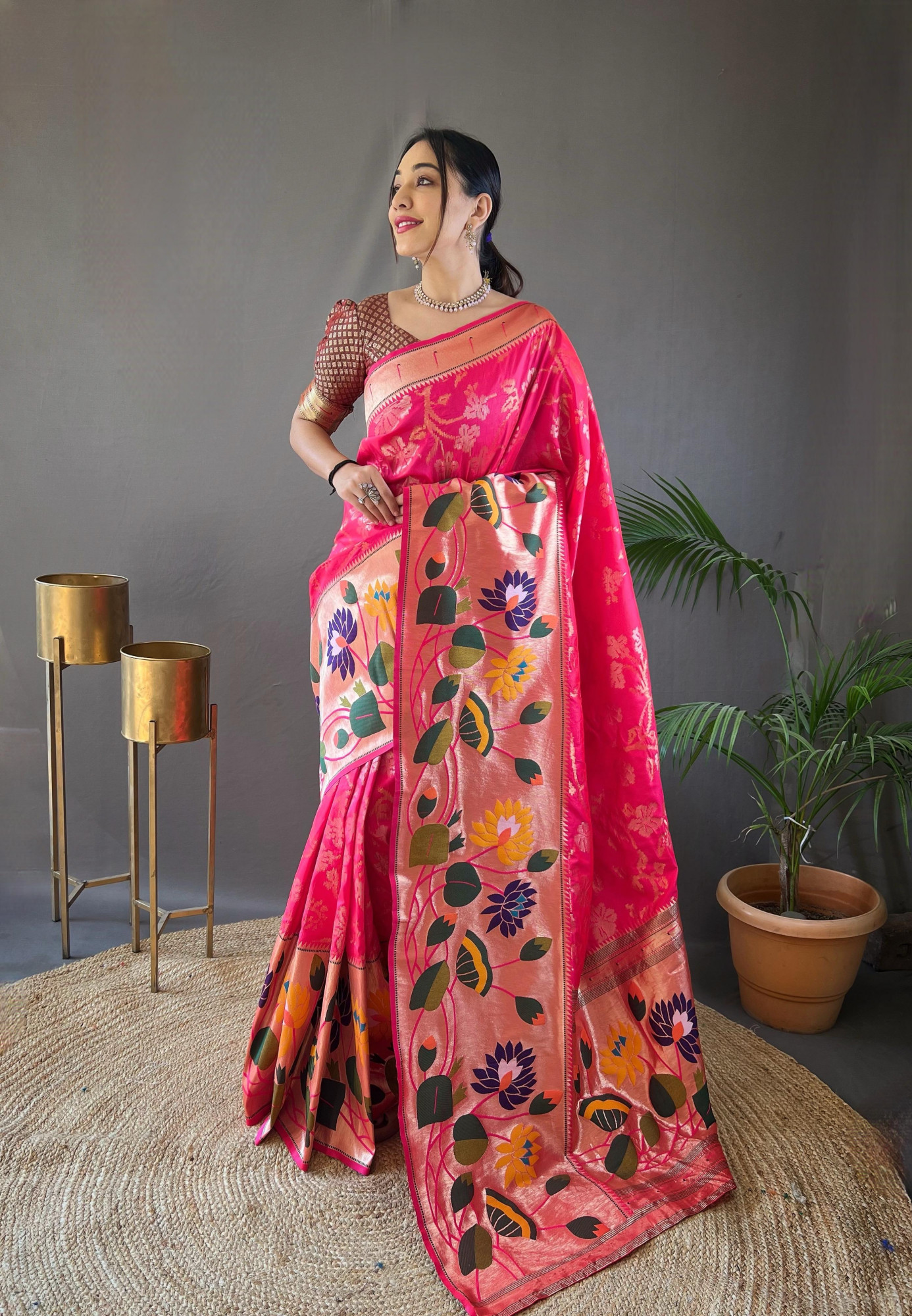 Raani Banarasi Paithani Silk Rich Zari Meenakari Weaved Saree