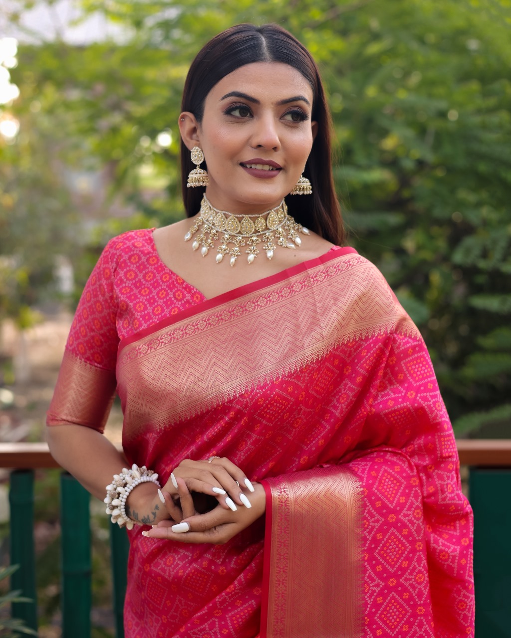Raani Bandhej Patola Silk Rich Weaved Pallu Zari Border Saree