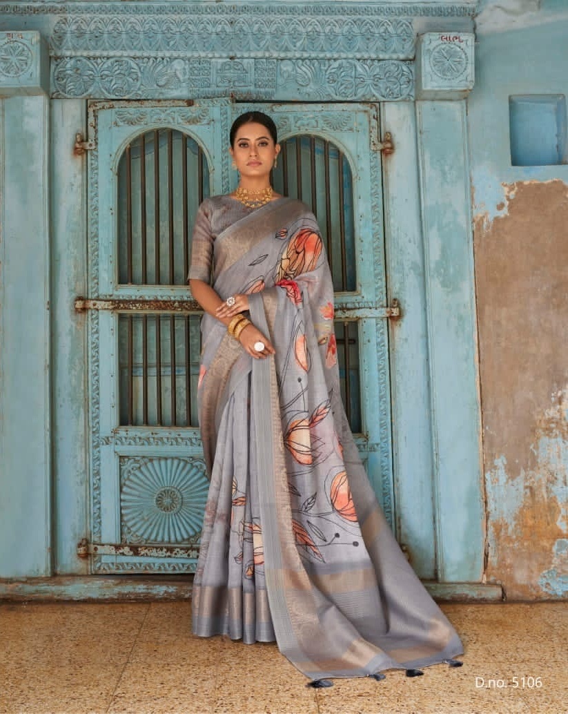 Linen Digital Printed Sarees With Zari Border And Rich Zari Pallu