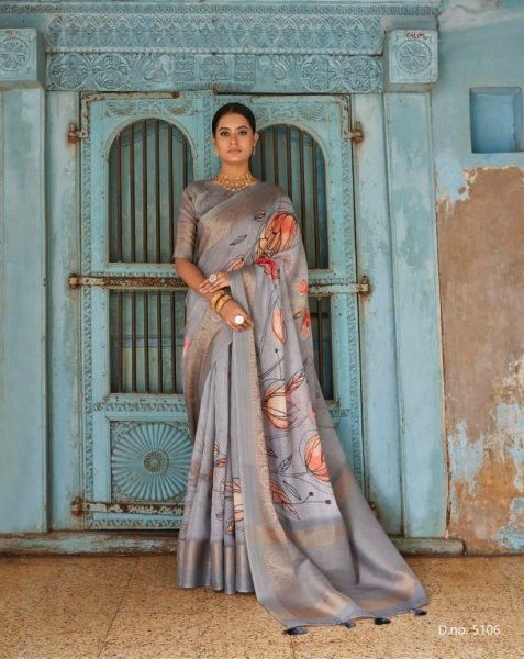 Image of Linen Digital Printed Sarees With Zari Border And Rich Zari Pallu