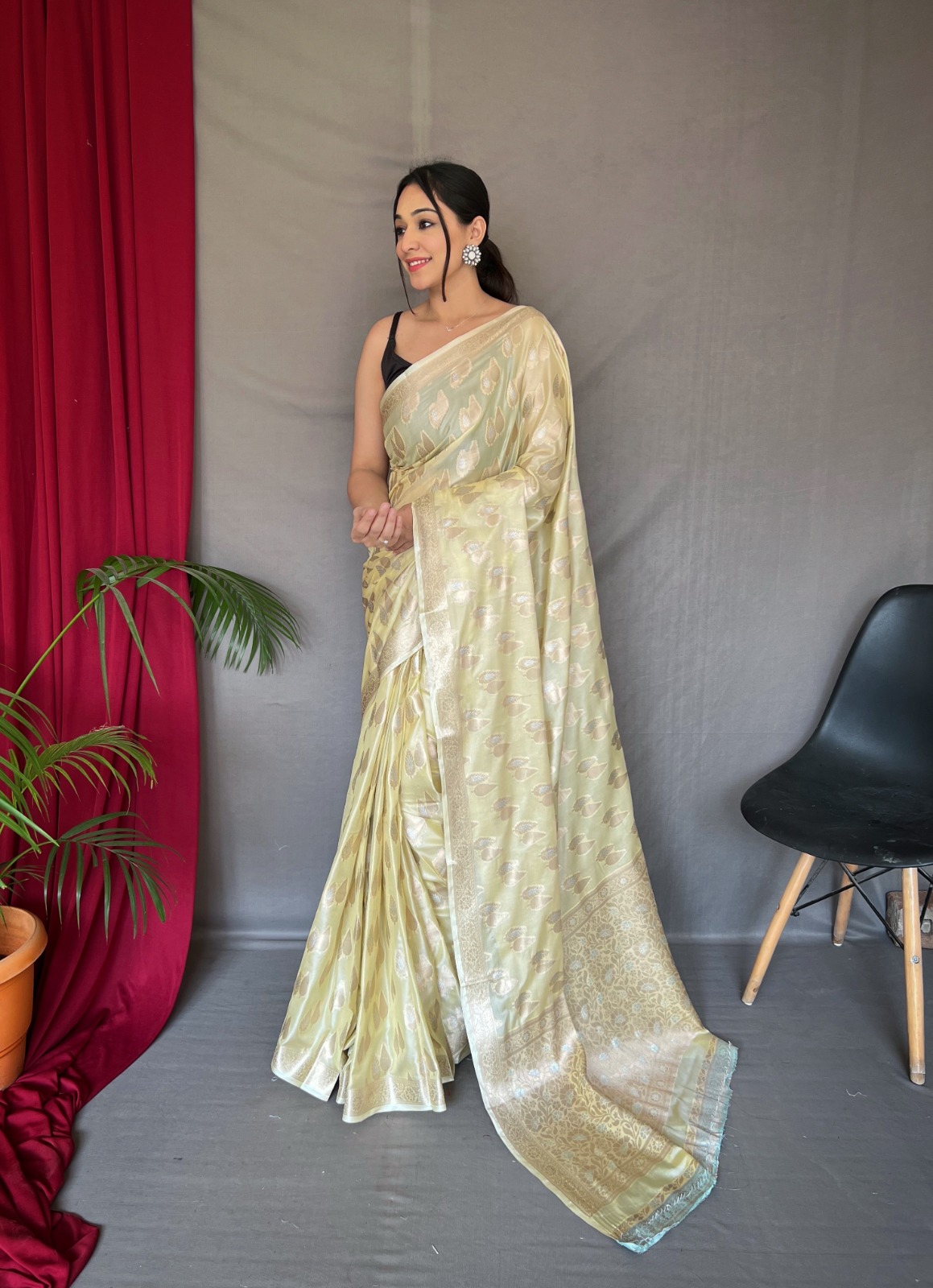 Pure Linen Tissue Silk With Gold Silver Zari Weaved All Over Saree