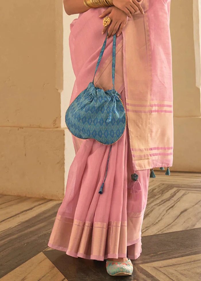 Pure Organza Silk Zari Weaved Border And Striped Pallu Saree