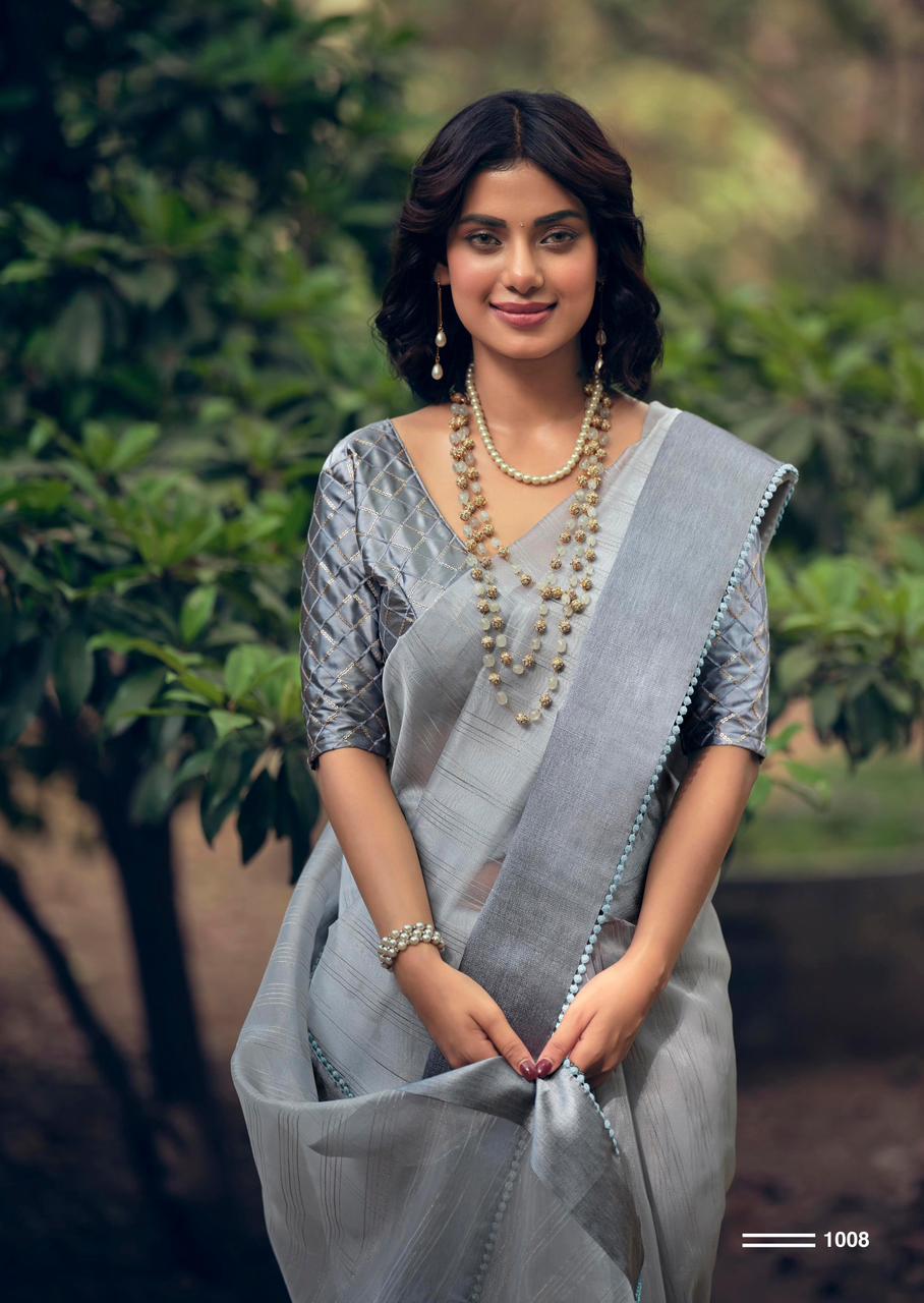 Pure Organza Silk All Over Zari Check Weaved With Satin Border Sarees