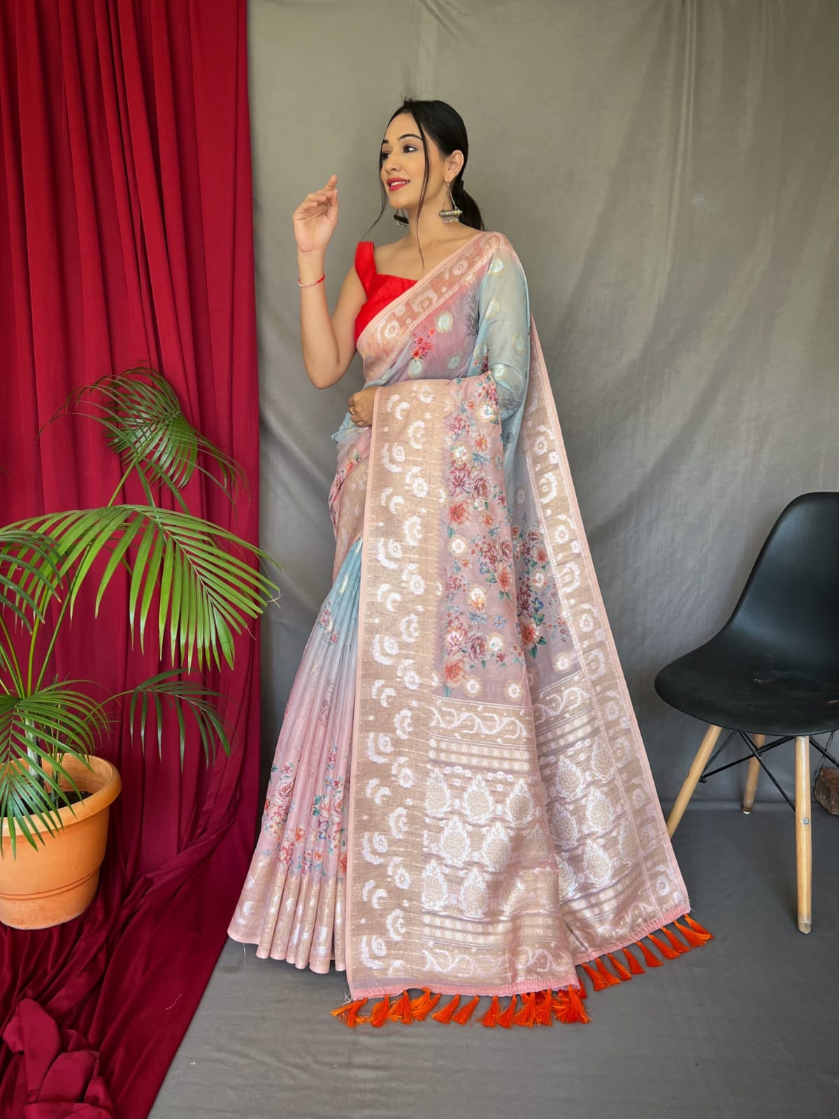 Pure Mushroom Silk Printed Silver Zari Weaved Saree