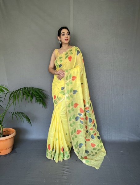 Image of Pure Linen Jamdani Multi Color Meenakari Weaved With Rich Pallu Sarees