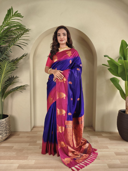 Image of Royal Blue Banarasi Silk All Over Zari Weaved Body Motifs Border Rich Pallu Saree