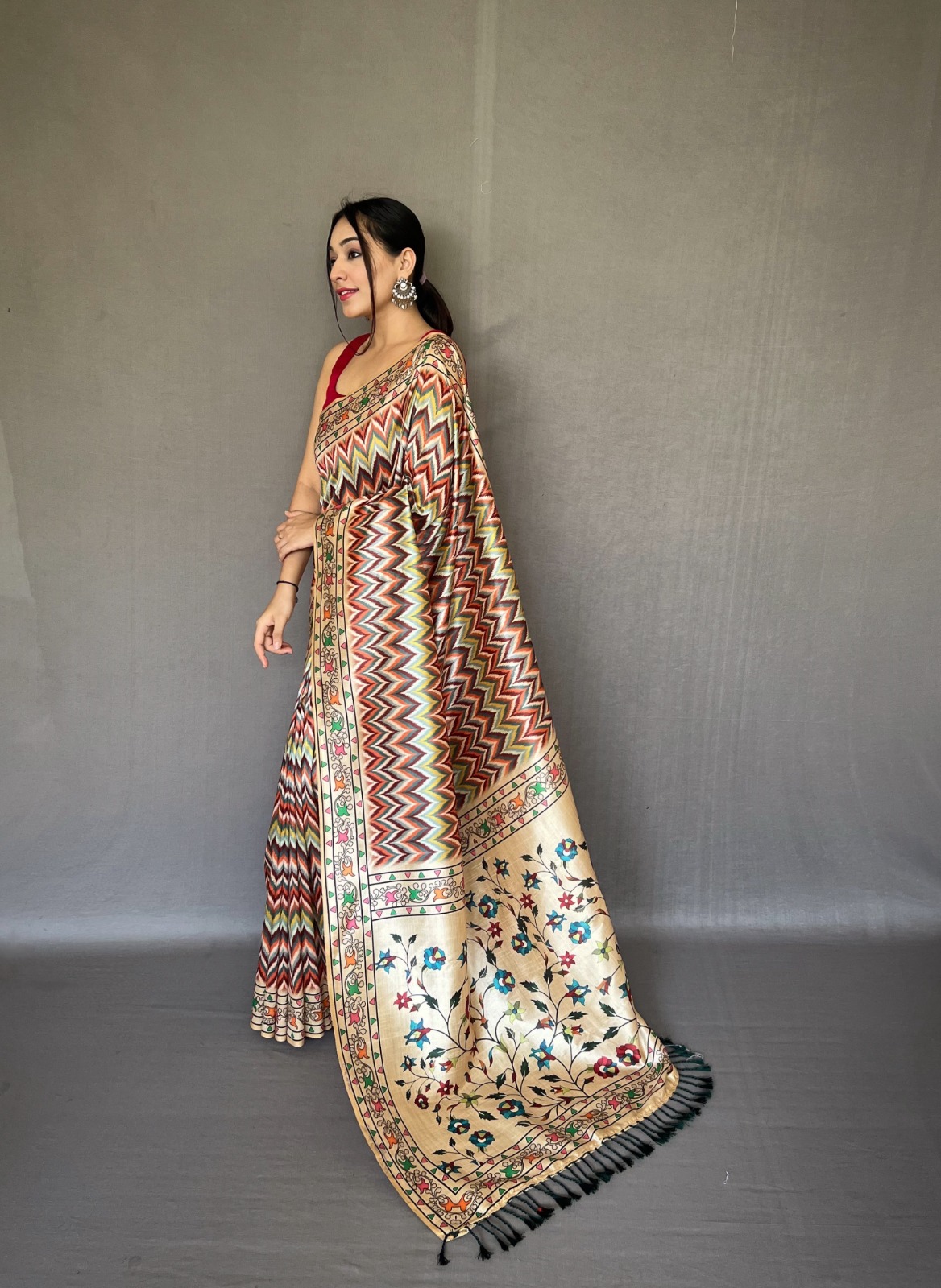 Soft Silk Paithani Style Printed All Over With Tassels On Pallu Sarees