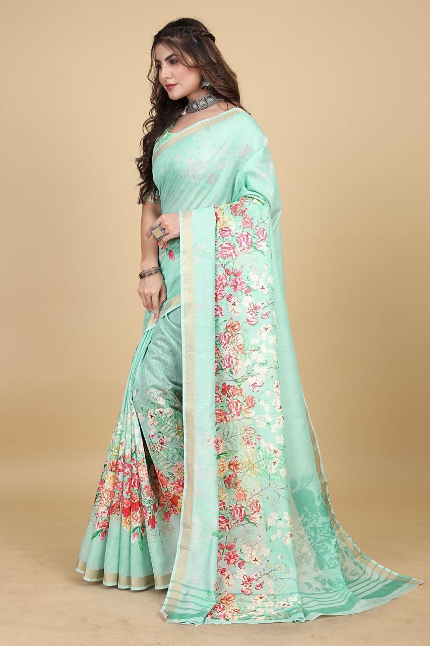 Pure Linen Digital Floral Printed With Tiny Zari Border Sarees